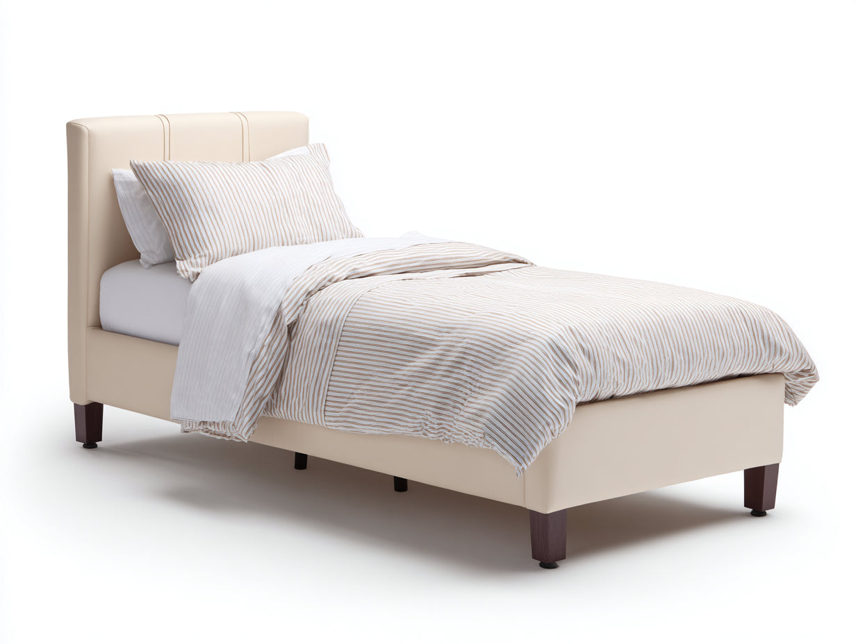 Einzelbett 205x100x105 cm - Polsterbett in Beige mit dunklen Holzbeinen - moderner Schlafzimmerstil