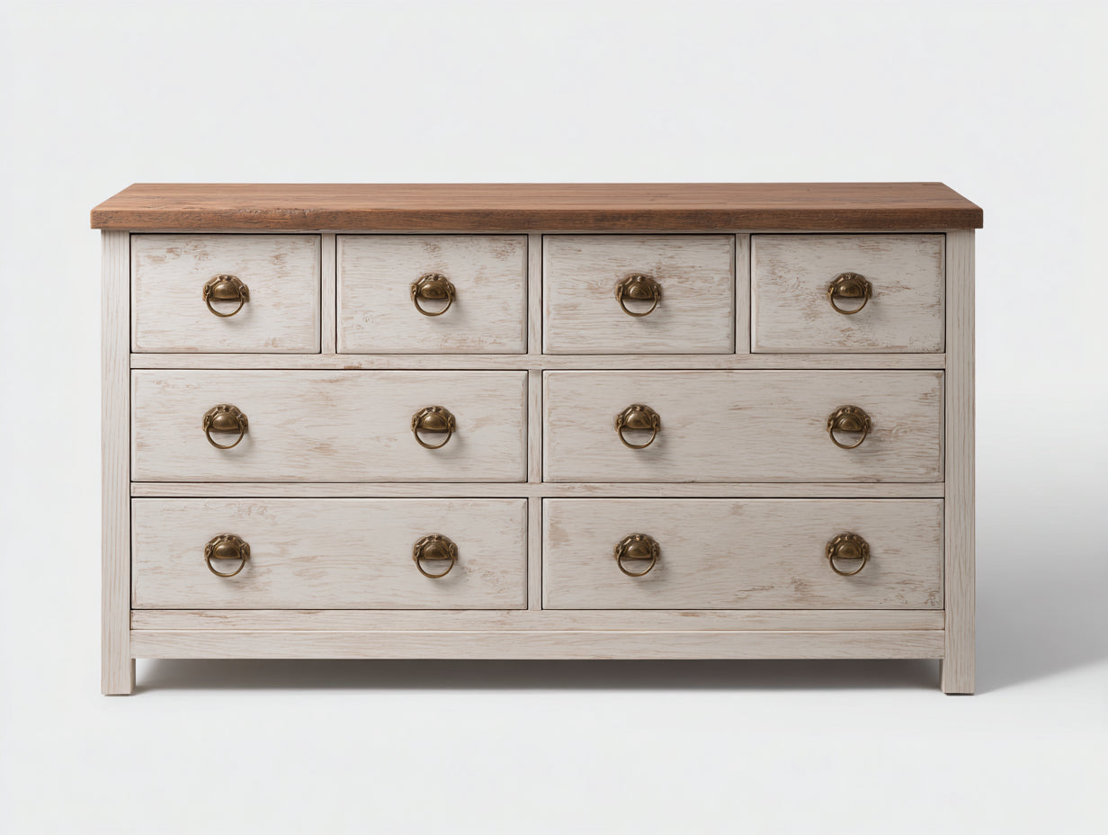 Kommode mit Schubladen Holzwerkstoff 140x45x85 cm - Weiß-Braun-Gold - klassische Schlafzimmerkommode mit 8 Schubladen