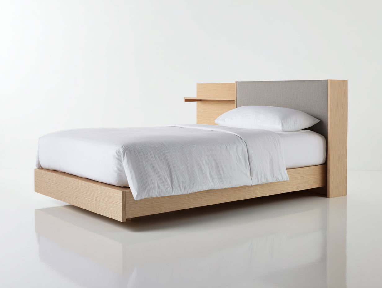 Einzelbett Holzwerkstoff 210x105x105 cm - Natur-Grau-Weiß - modernes Schlafzimmerbett mit Kopfteil und Ablage