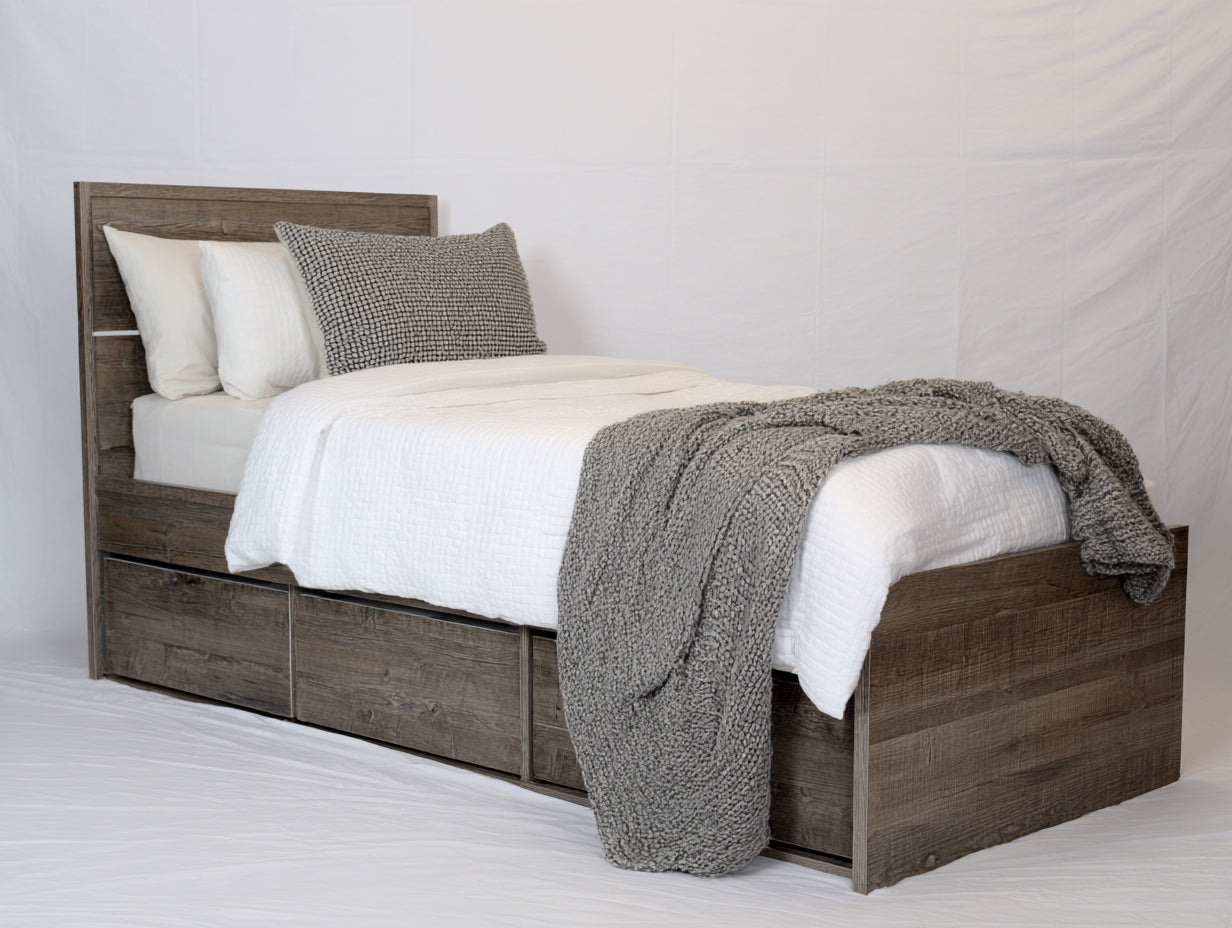 Einzelbett Holzwerkstoff 205x100x110 cm - Braun-Weiß-Grau - modernes Stauraumbett mit Schubladen