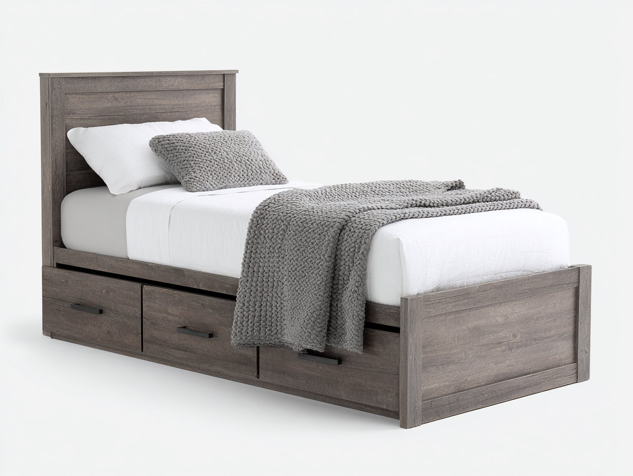 Einzelbett 205x105x115 cm - Holzdekor in Grau mit Schubladen - für Schlafzimmer - Landhausstil