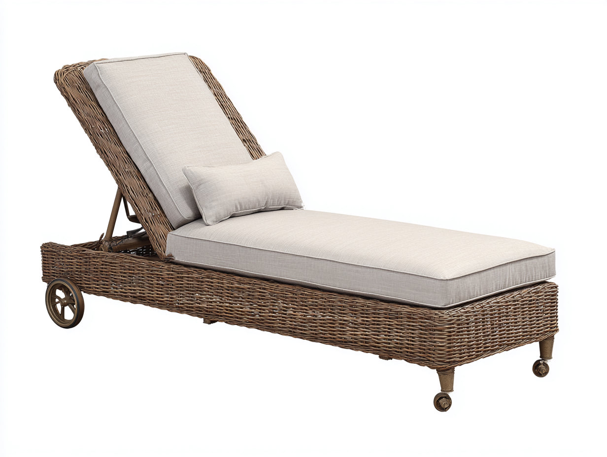 Sonnenliege Rattan 200x75x95 cm - Braun-Beige - verstellbare Gartenliege mit Rollen und Polsterauflage