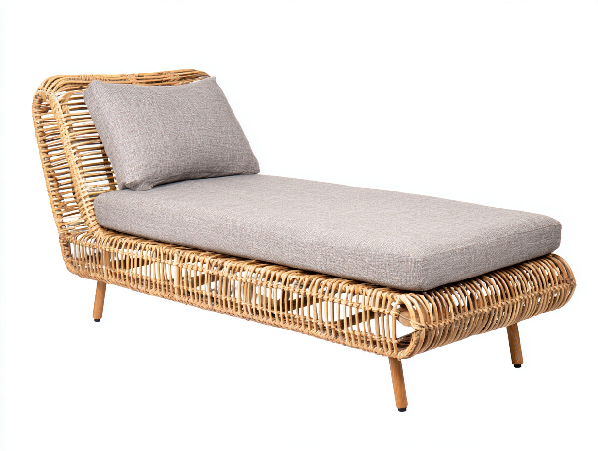 Sonnenliege Rattan 200x75x88 cm - Natur-Grau - moderne Gartenliege mit Polsterauflage